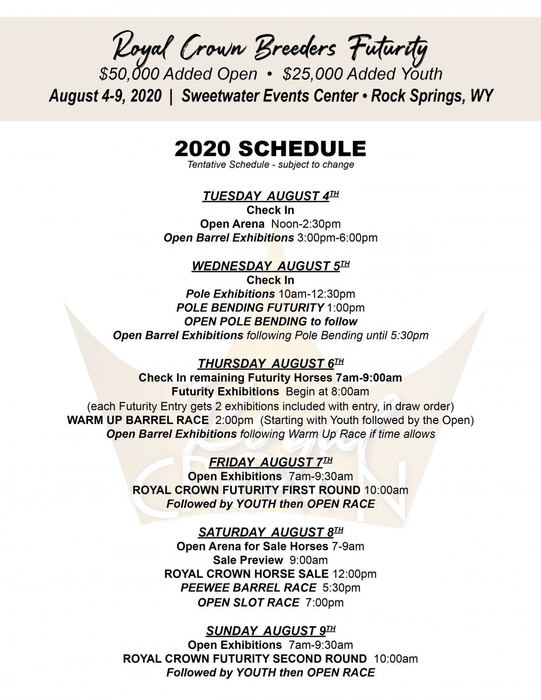 Royal Crown Race Schedule Update!